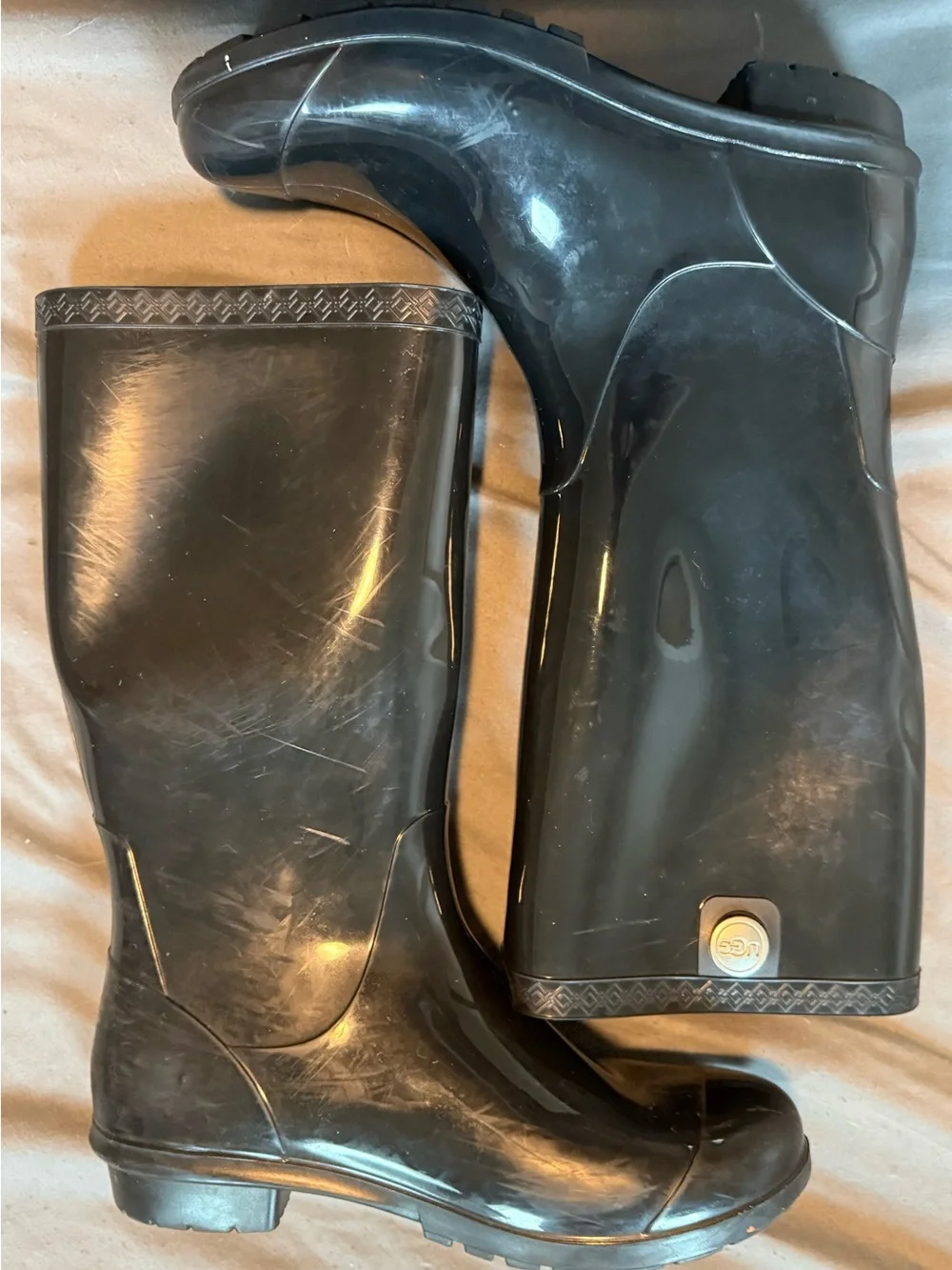 UGG Shay Glossy Black Tall Rain Boots with Logo Button